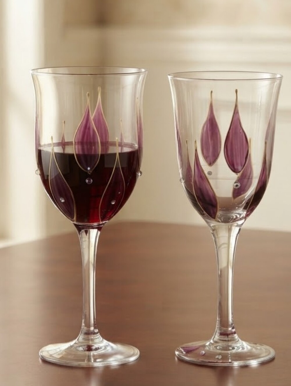 Elegant Hand-Painted Purple Leaf & Jewel Accent Wine Glasses, Set of 2